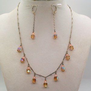 Light Topaz Faceted Cube Swarovski Crystal Beaded Necklace & Matching Earrings
